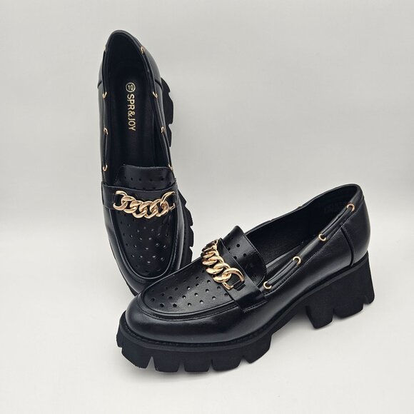 SPR&JOY Black Vegan Leather Lug Sole Loafer Gold Tone Hardware Womens Sz 10 NEW - Picture 1 of 9